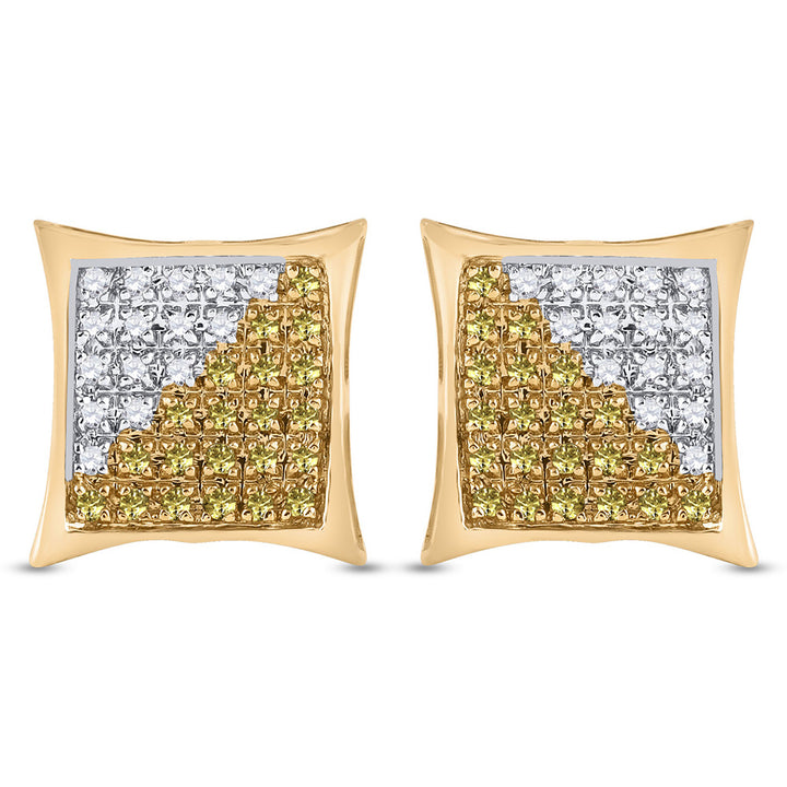 10kt Yellow Gold Mens Round Yellow Color Enhanced Diamond Square Cluster Earrings 1/4 Cttw