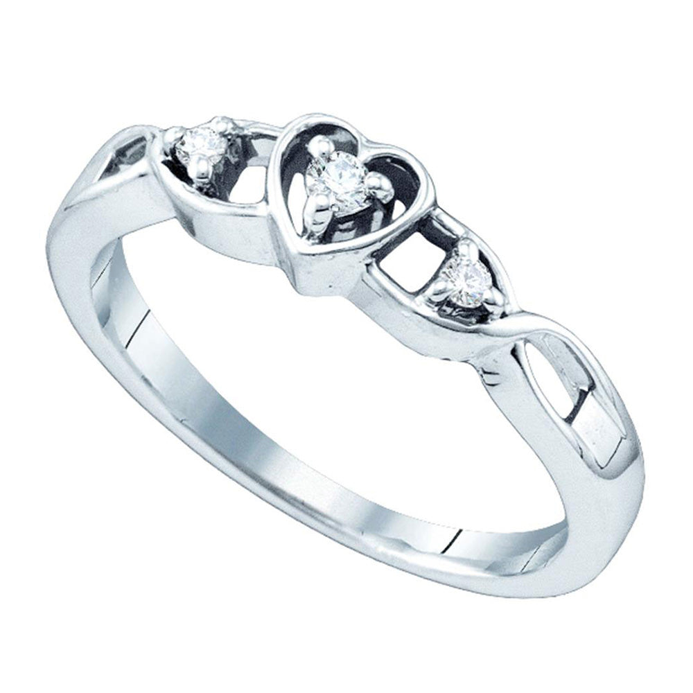 Sterling Silver Womens Round Diamond 3-Stone Heart Promise Ring 1/10 Cttw