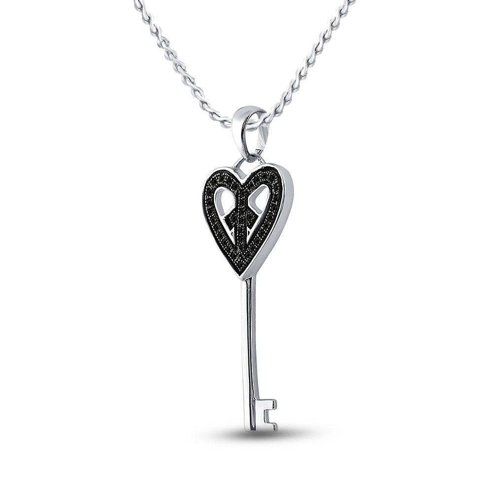 Sterling Silver Womens Round Black Color Enhanced Diamond Key Heart Pendant 1/10 Cttw