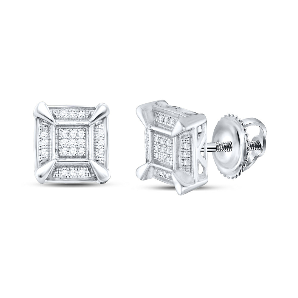Sterling Silver Mens Round Diamond Square Cluster Stud Earrings 1/8 Cttw