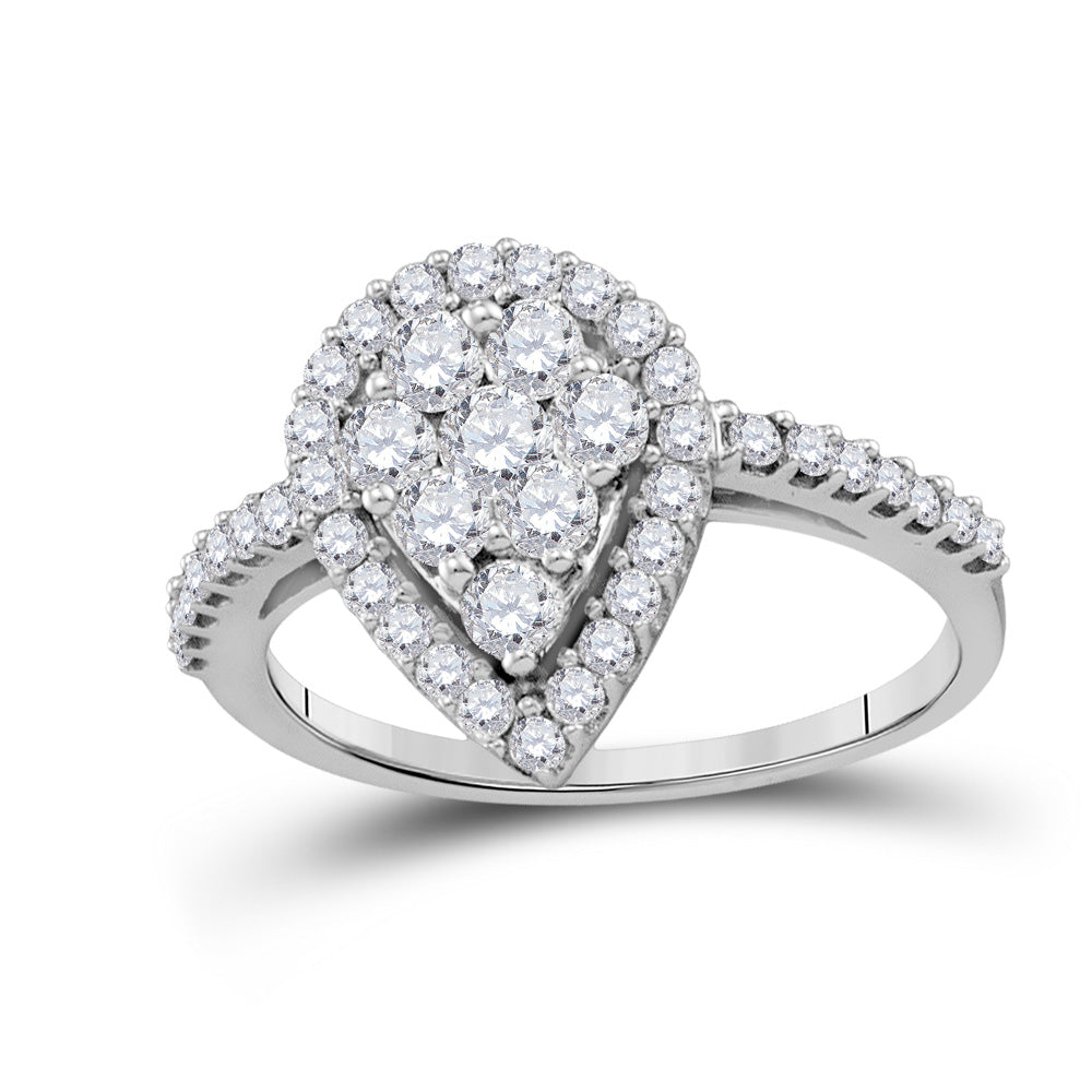 10k White Gold Round Diamond Teardrop-shape Cluster Engagement Anniversary Bridal Ring 1 Cttw