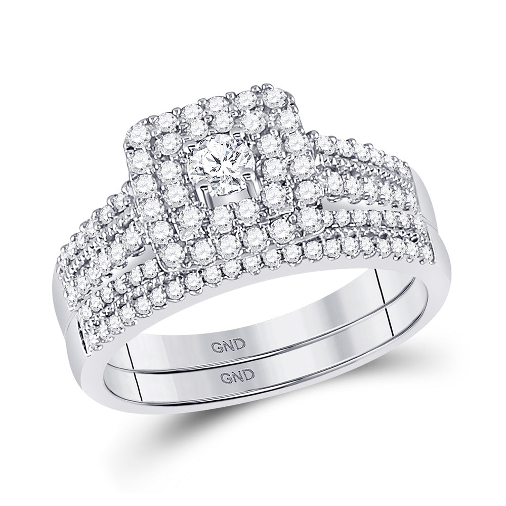 14kt White Gold Round Diamond Double Halo Bridal Wedding Ring Band Set 3/4 Cttw