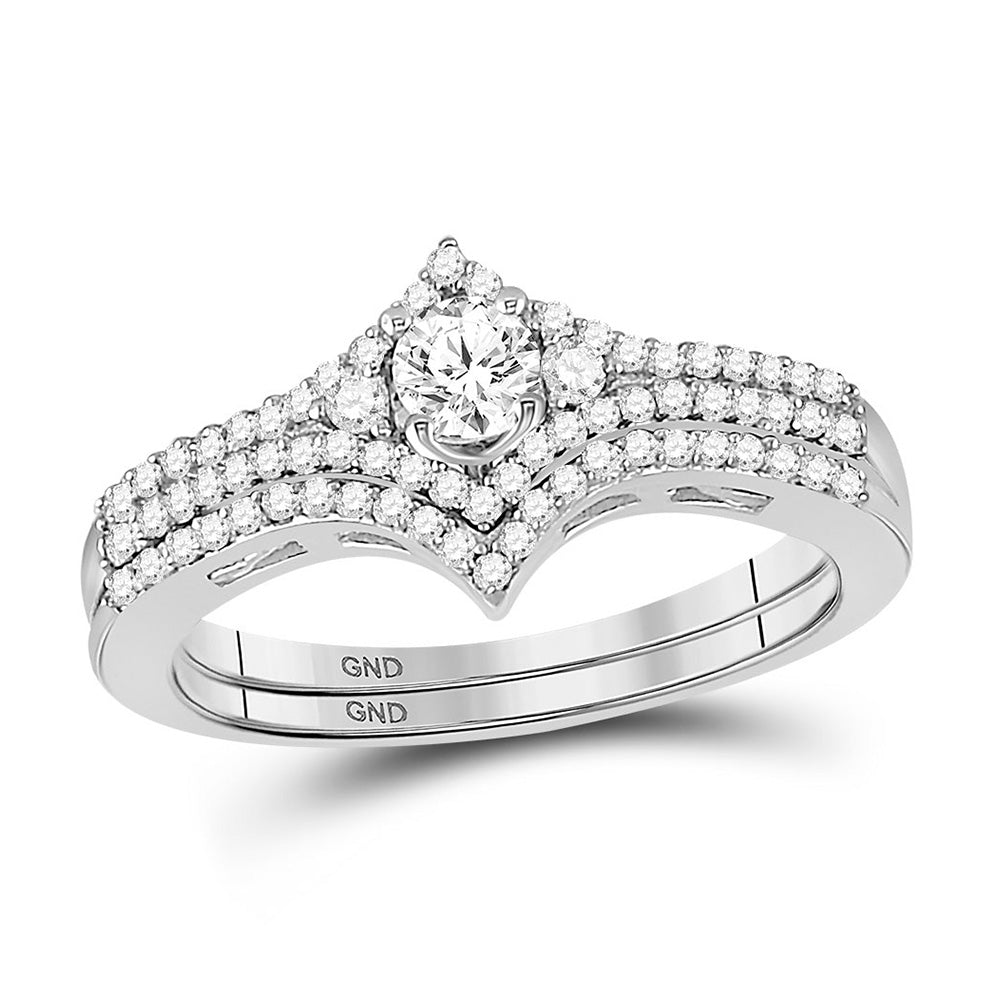 14kt White Gold Round Diamond Chevron Bridal Wedding Ring Band Set 1/2 Cttw
