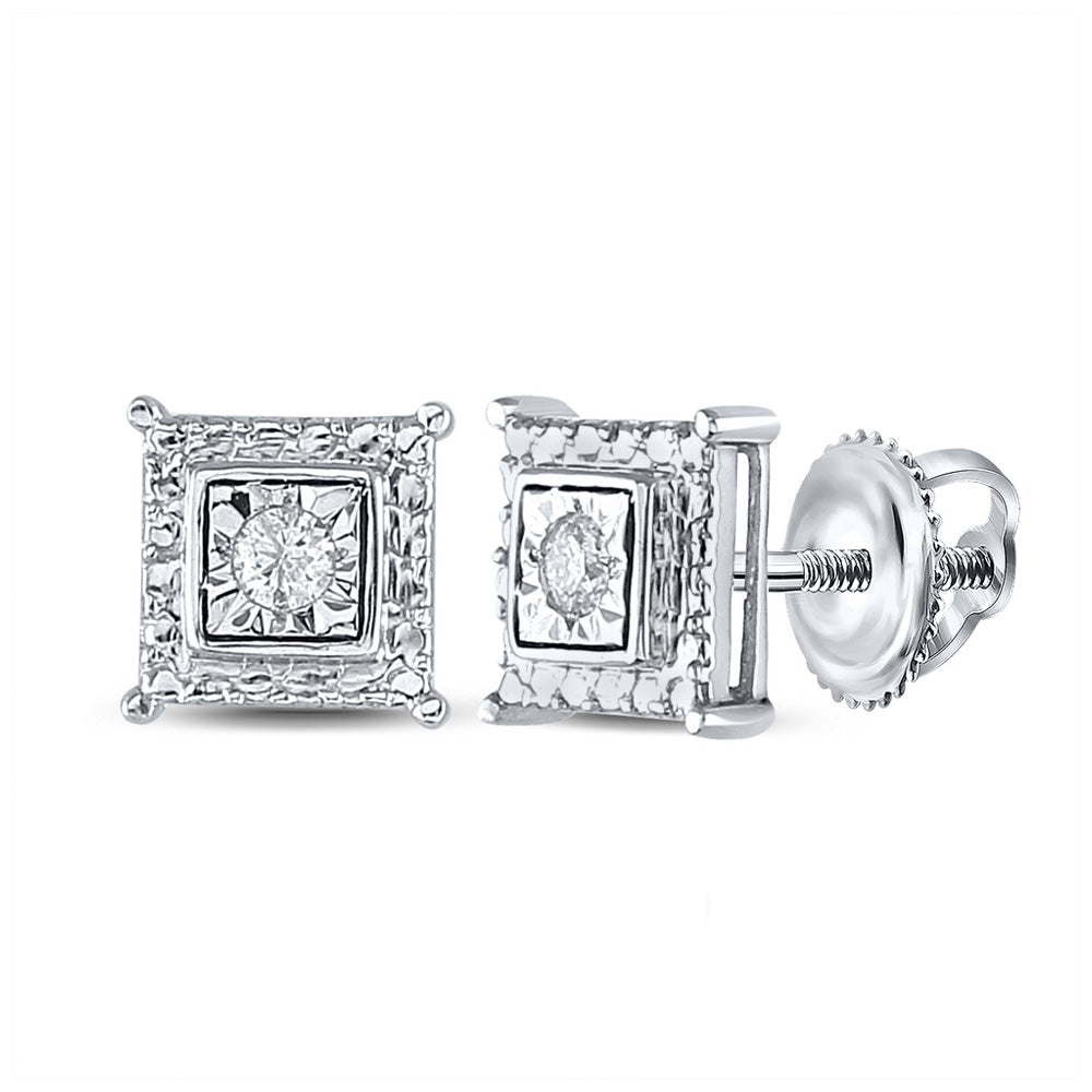 Sterling Silver Womens Round Diamond Solitaire Square Stud Earrings 1/10 Cttw