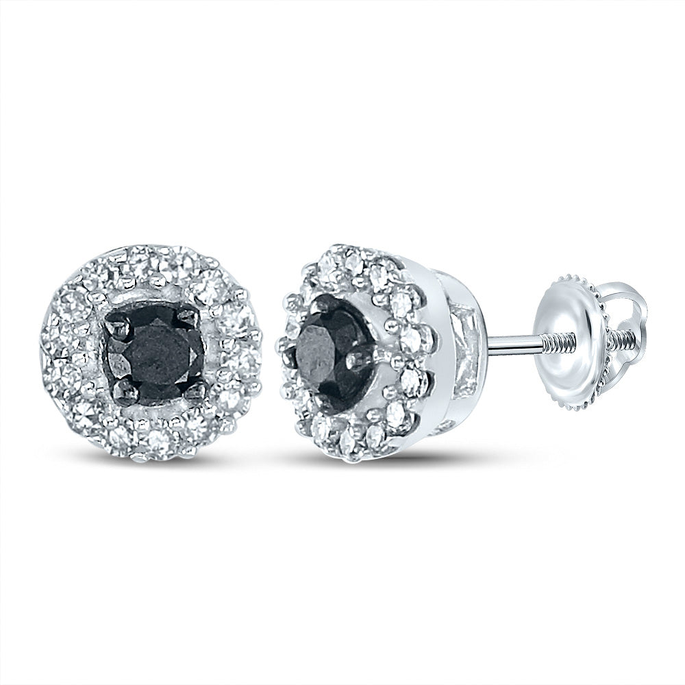 10kt White Gold Womens Round Black Color Enhanced Diamond Cluster Earrings 1/5 Cttw