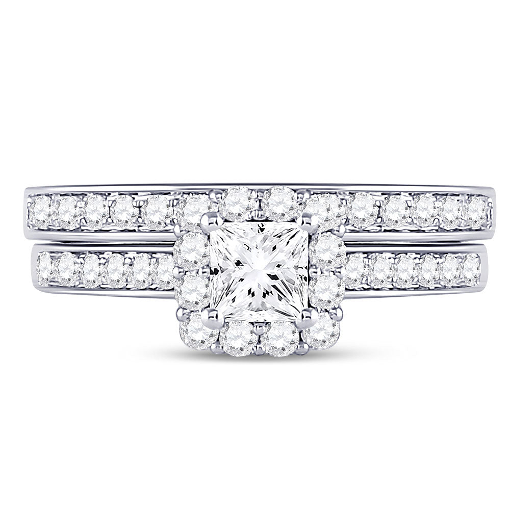 14kt White Gold Princess Diamond Halo Bridal Wedding Ring Band Set 1-1/4 Cttw