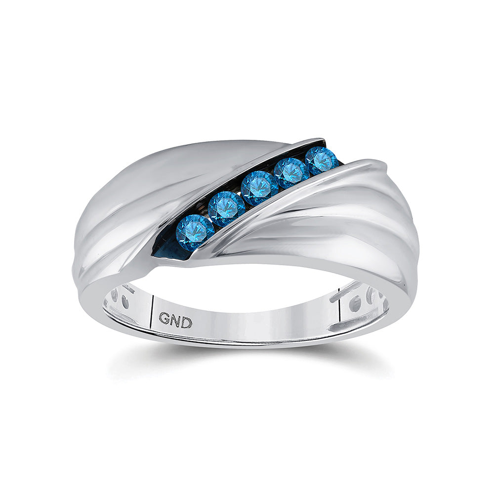 Sterling Silver Mens Round Blue Color Enhanced Diamond Wedding Anniversary Band Ring 1/3 Cttw