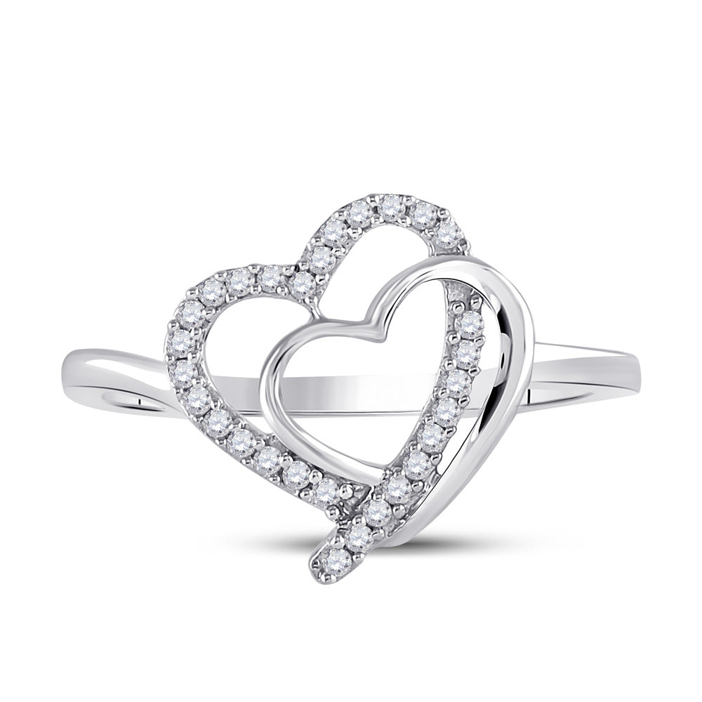 Sterling Silver Womens Round Diamond Double Joined Heartss Love Ring 1/6 Cttw