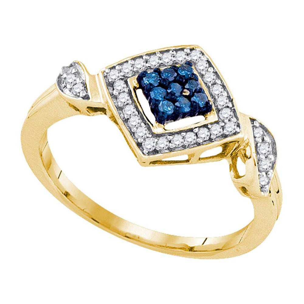 10kt Yellow Gold Womens Round Blue Color Enhanced Diamond Square Ring 1/4 Cttw