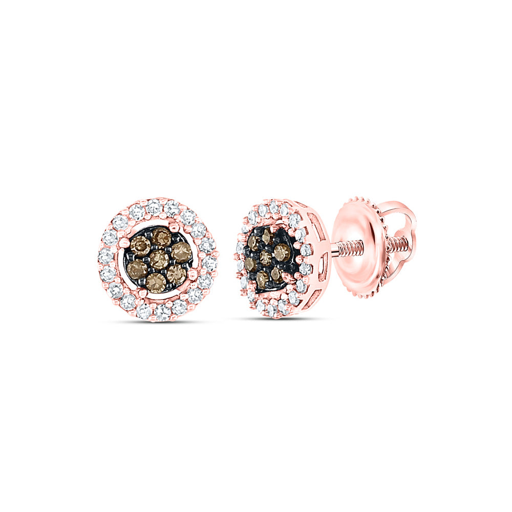 10kt Rose Gold Womens Round Brown Diamond Flower Cluster Earrings 1/4 Cttw