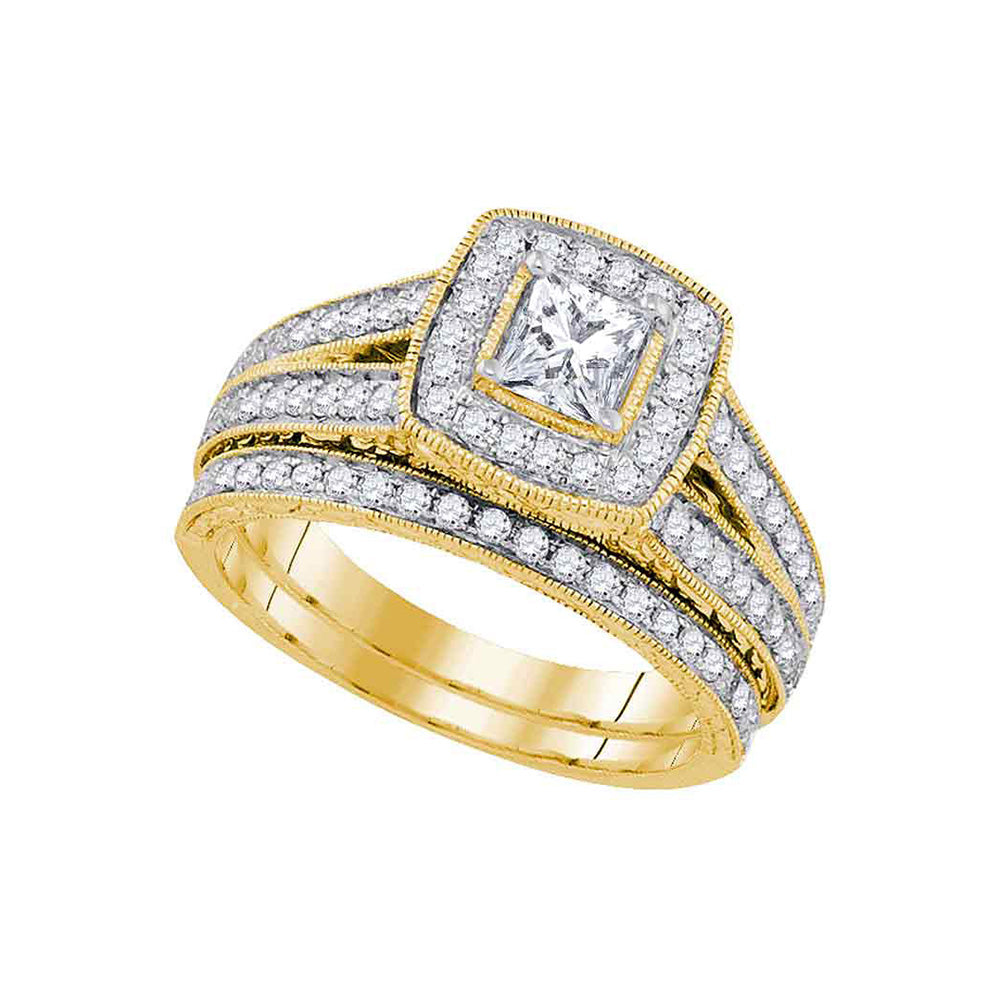14kt Yellow Gold Diamond Princess Halo Bridal Wedding Ring Band Set 1-1/4 Cttw