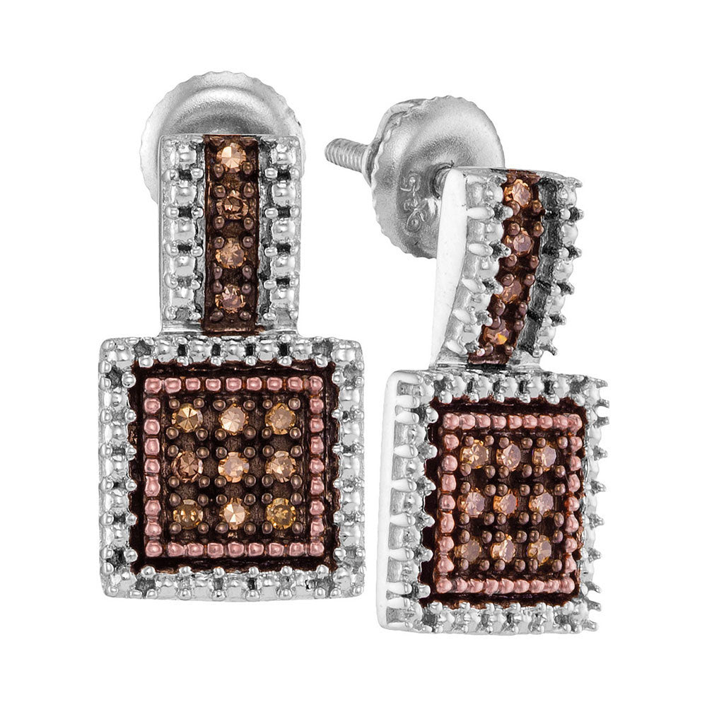 Sterling Silver Womens Round Brown Diamond Square Earrings 1/5 Cttw