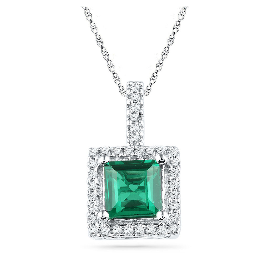10kt White Gold Womens Cushion Lab-Created Emerald Solitaire & Diamond Pendant 1-3/8 Cttw
