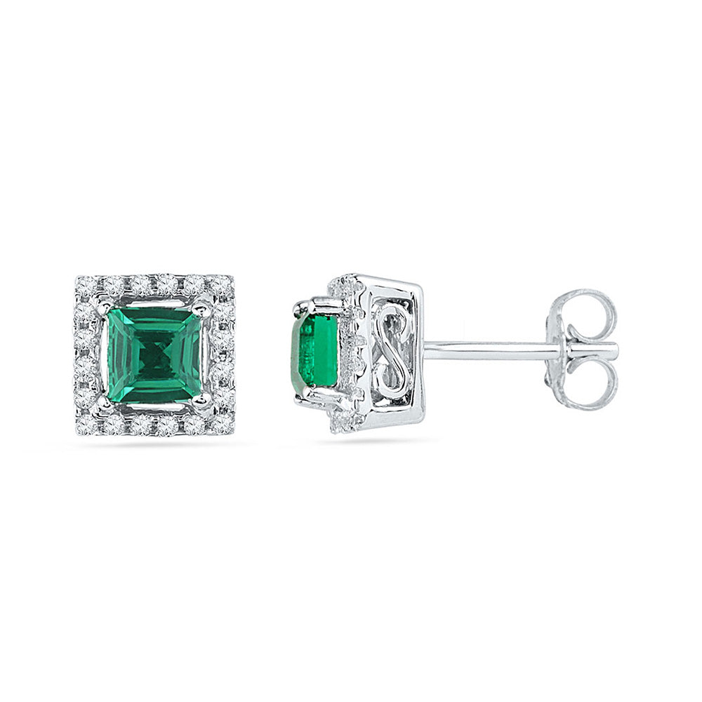 10kt White Gold Womens Princess Lab-Created Emerald Stud Earrings 1/8 Cttw