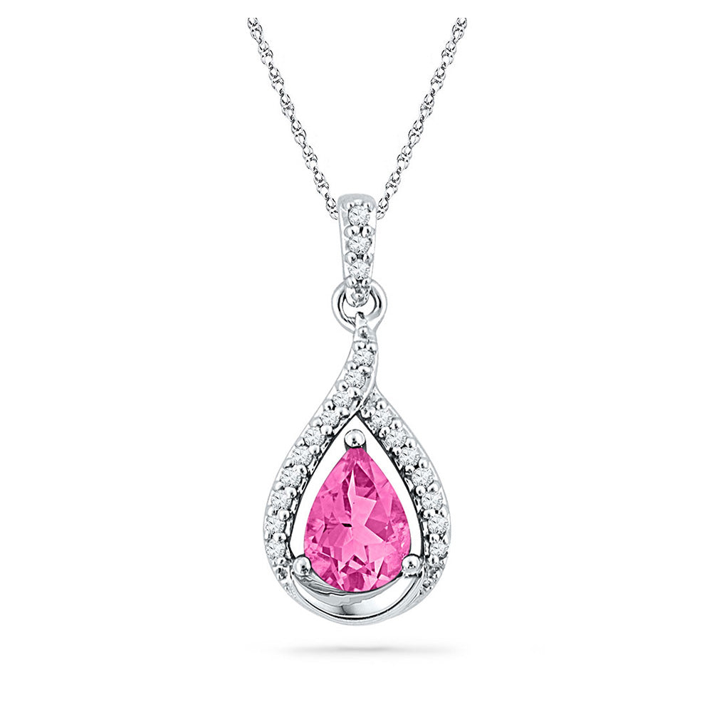 10kt White Gold Womens Pear Lab-Created Pink Sapphire Solitaire Diamond Pendant 1-5/8 Cttw