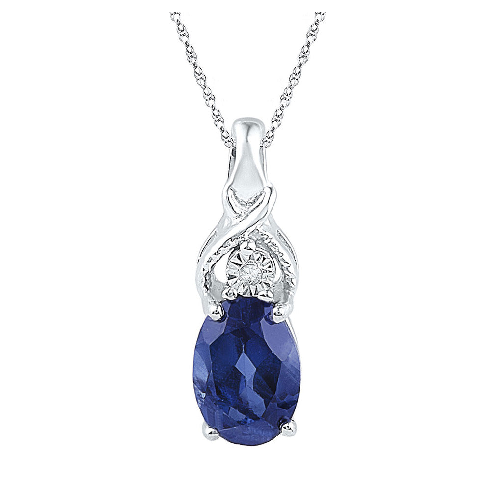10kt White Gold Womens Oval Lab-Created Blue Sapphire Solitaire Diamond Pendant 7/8 Cttw