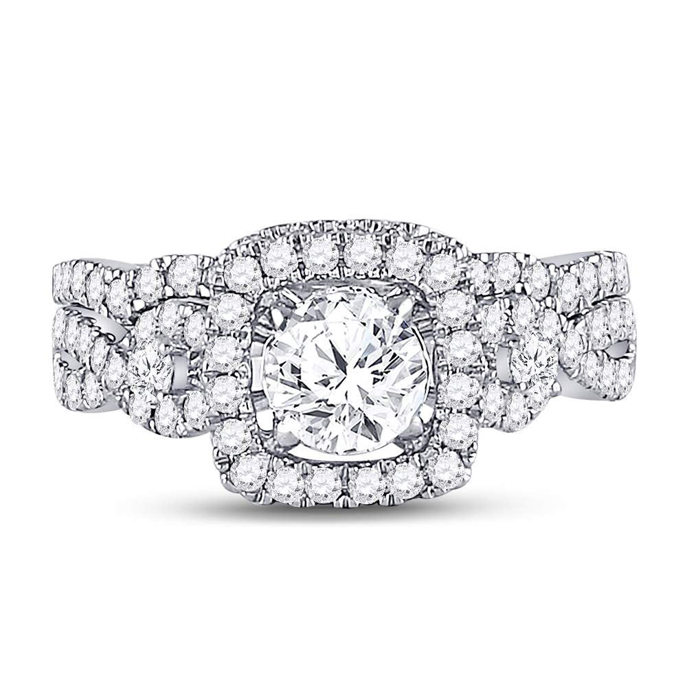 14kt White Gold Womens Round Diamond Halo Bridal Wedding Engagement Ring Band Set 1-3/4 Cttw