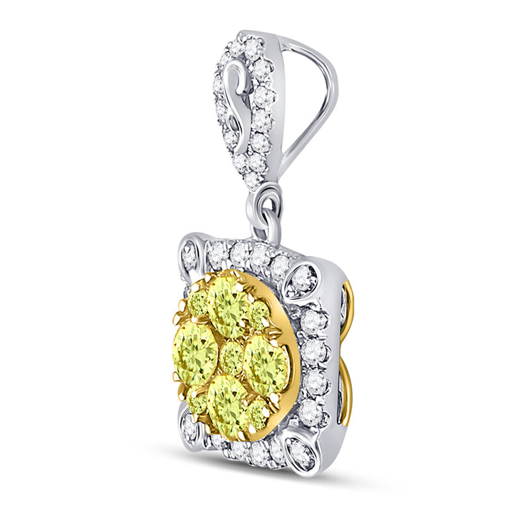 14kt White Gold Womens Round Canary Yellow Diamond Square Cluster Pendant 3/4 Cttw