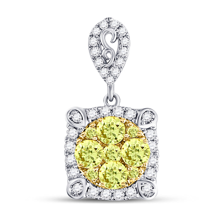 14kt White Gold Womens Round Canary Yellow Diamond Square Cluster Pendant 3/4 Cttw