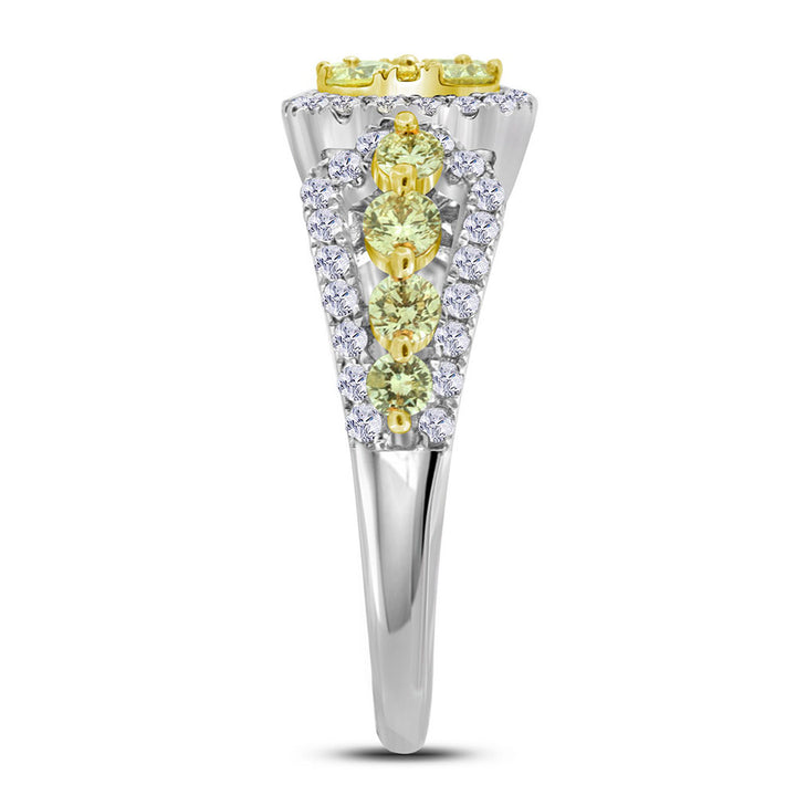 14kt White Gold Womens Round Canary Yellow Diamond Cluster Ring 1-1/3 Cttw