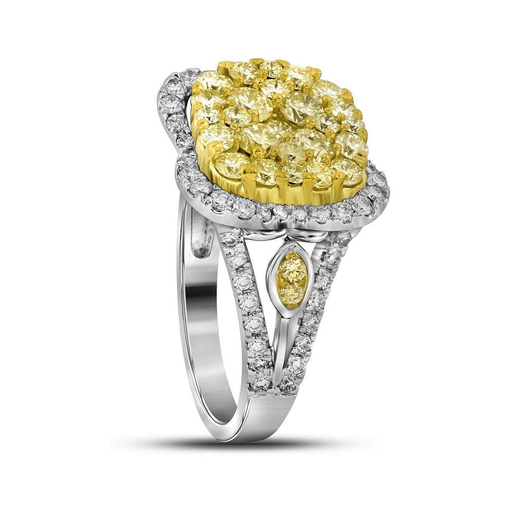 14kt White Gold Womens Round Canary Yellow Diamond Cluster Ring 1-3/4 Cttw