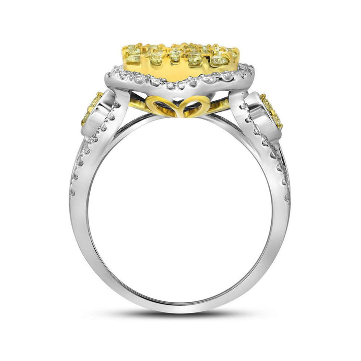 14kt White Gold Womens Round Canary Yellow Diamond Cluster Ring 1-3/4 Cttw