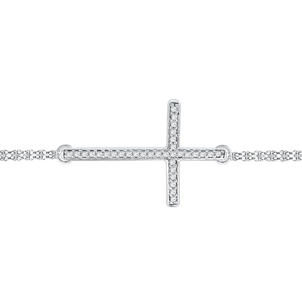 10kt White Gold Women's Diamond Sideways Cross Bracelet 1/10 ctw