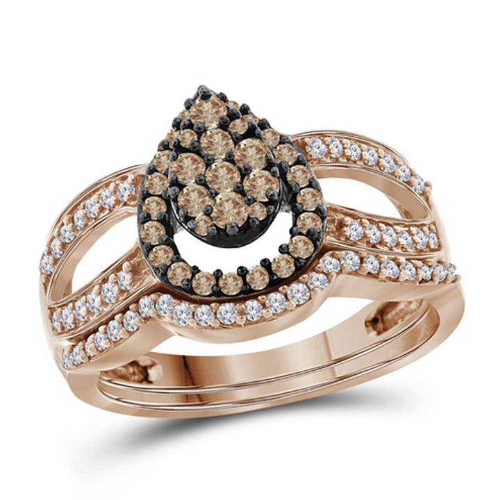 10kt Rose Gold Womens Round Brown Diamond Bridal Wedding Engagement Ring Band Set 5/8 Cttw