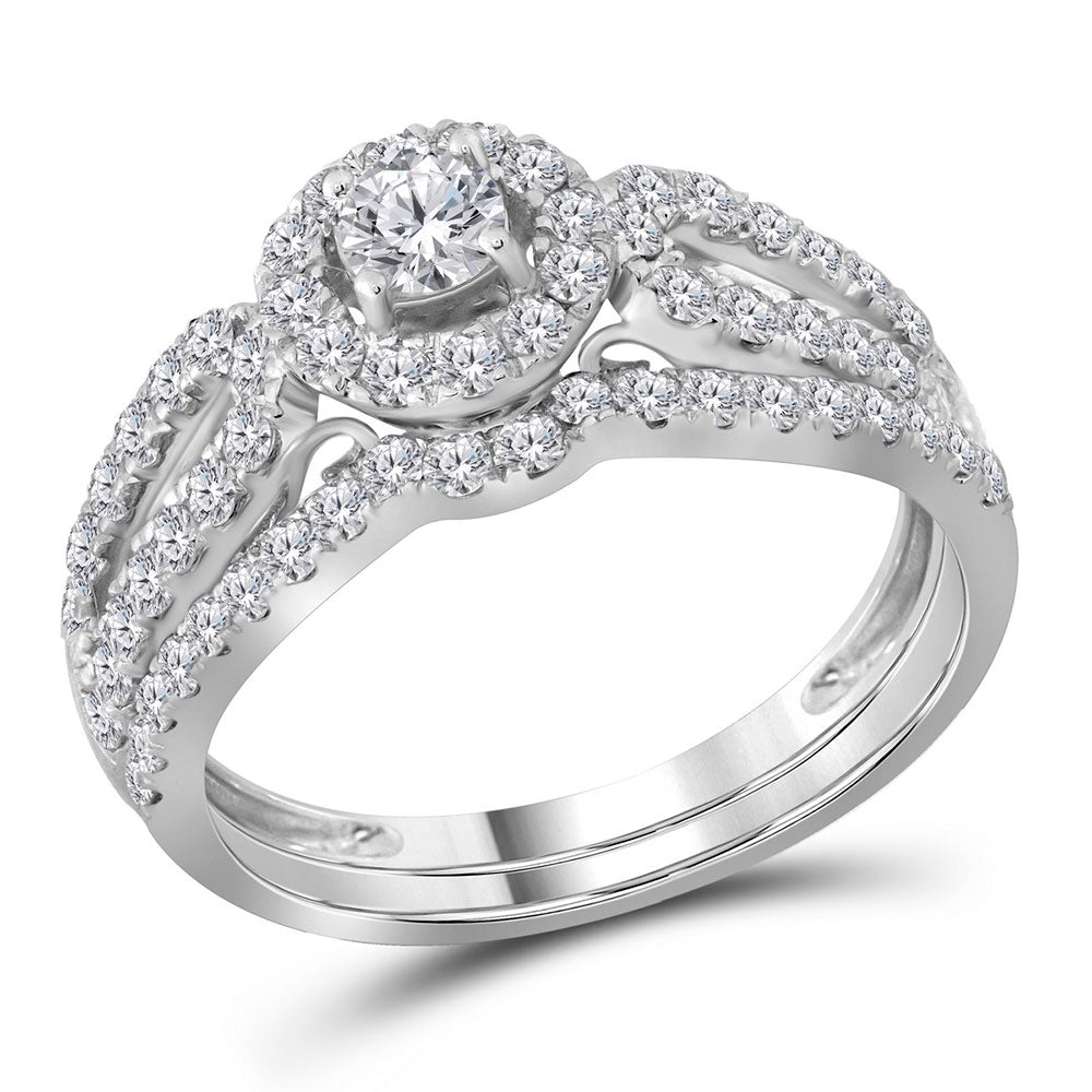 14kt White Gold Womens Round Diamond Halo Split-shank Bridal Wedding Engagement Ring Band Set 1.00 Cttw (Certified)