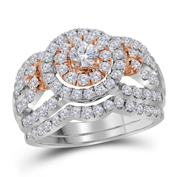 14kt White Rose 2-tone Gold Womens Round Diamond Halo Bridal Wedding Engagement Ring Band Set 1-1/2 Cttw
