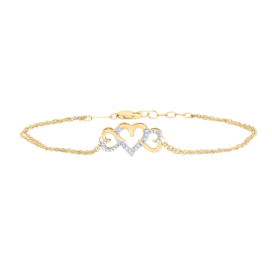 10kt Yellow Gold Women's Diamond Triple Heart Chain Bracelet 1/10 ctw