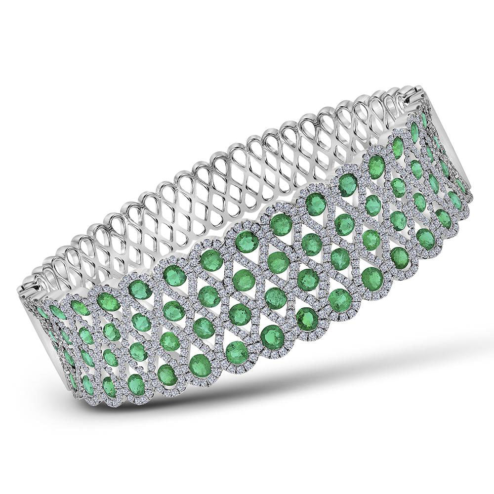 18kt White Gold Women's Round Emerald Bangle Bracelet 9-7/8 ctw - view 3