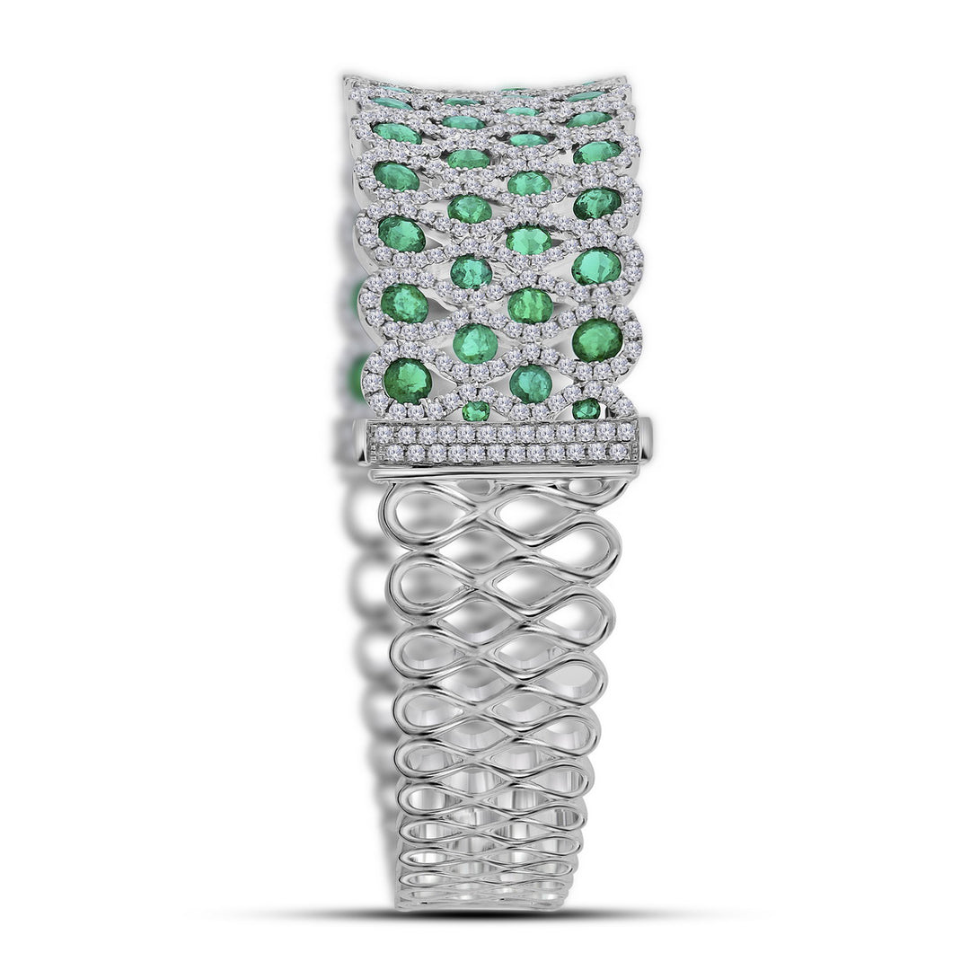 18kt White Gold Women's Round Emerald Bangle Bracelet 9-7/8 ctw - view 2