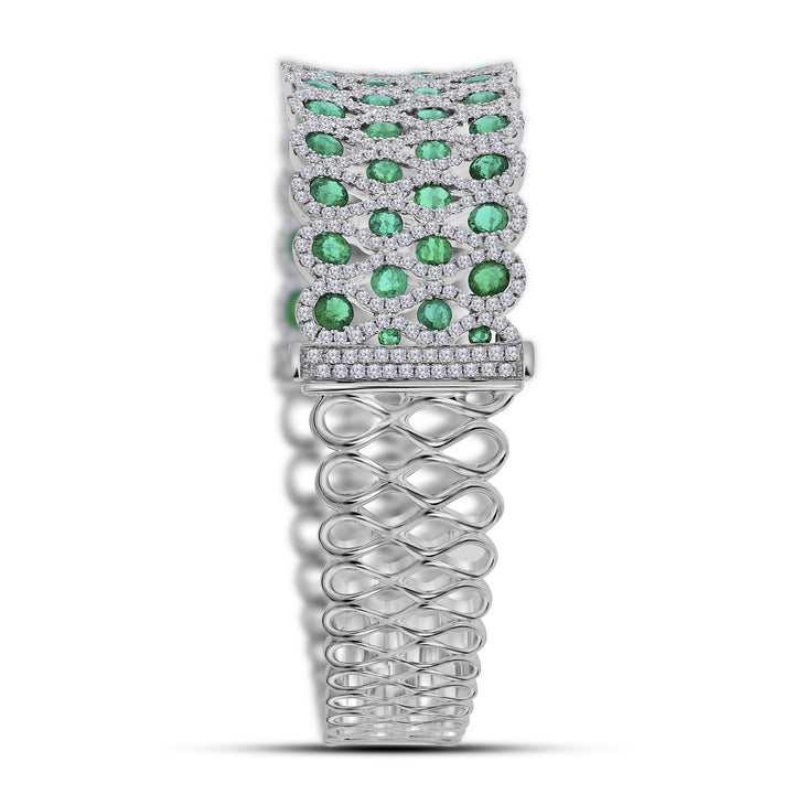 18kt White Gold Women's Round Emerald Bangle Bracelet 9-7/8 ctw - view 2