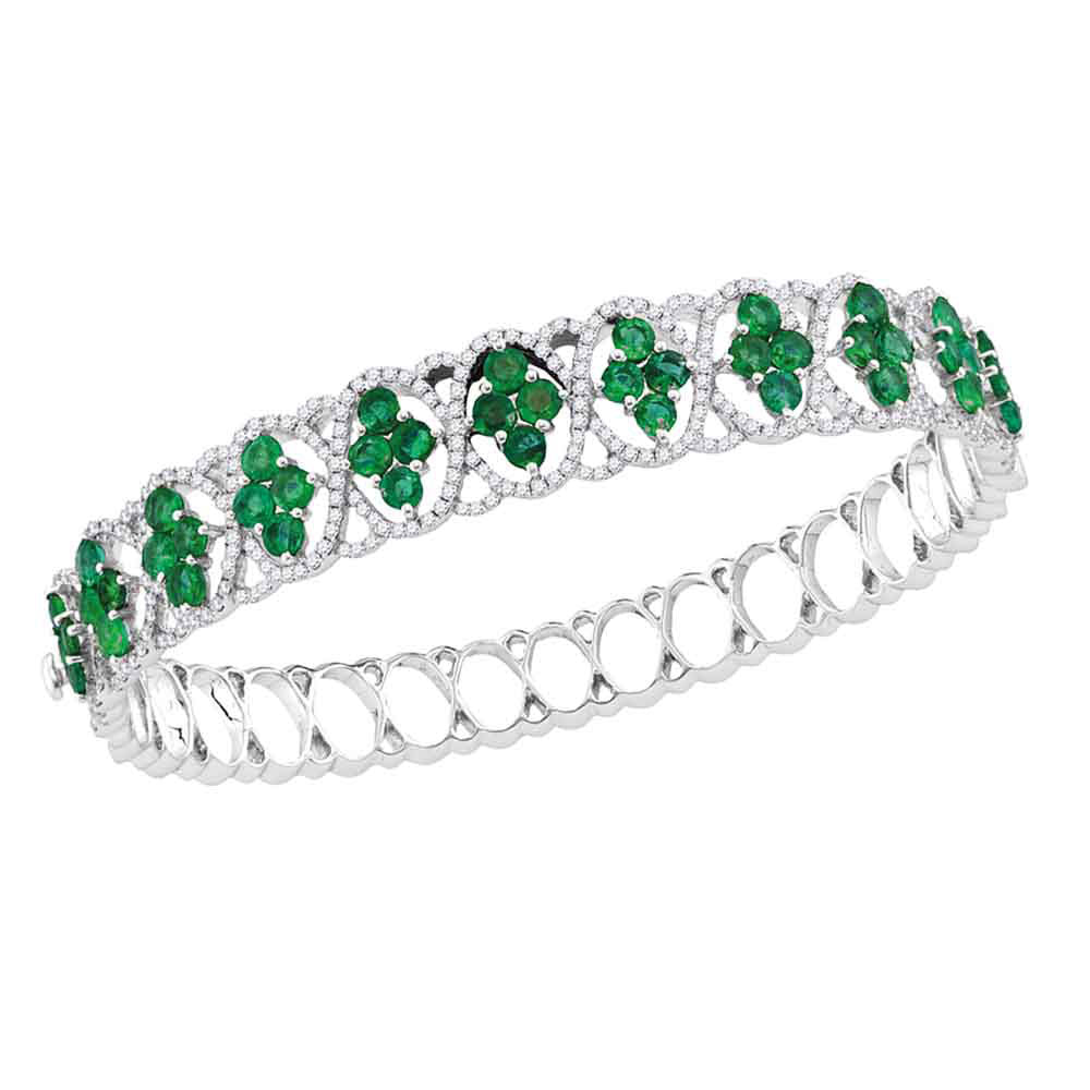 18kt White Gold Women's Emerald Diamond Bangle Bracelet 1-3/8 ctw