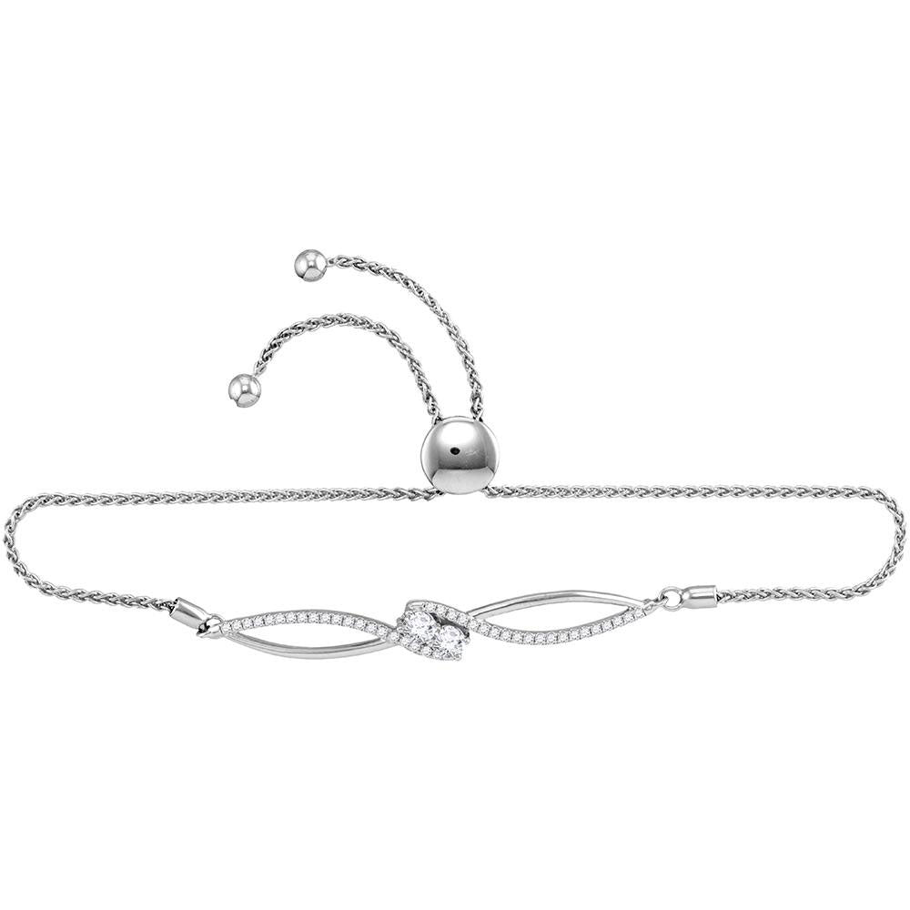 10kt White Gold Women's Diamond 2-stone Hearts Together Bolo Bracelet 3/4 ctw