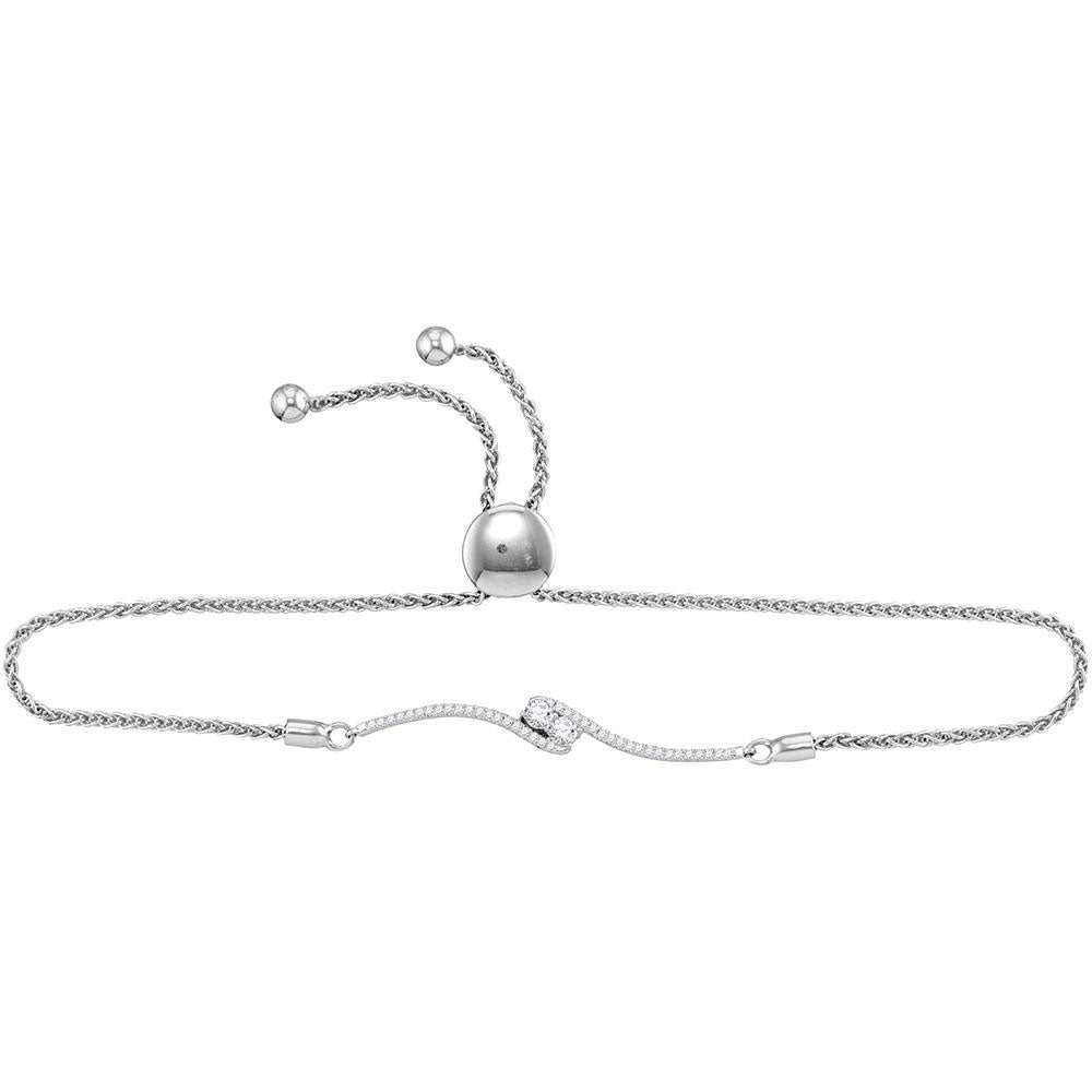 10kt White Gold Women's Diamond 2-stone Hearts Together Bolo Bracelet 1/3 ctw