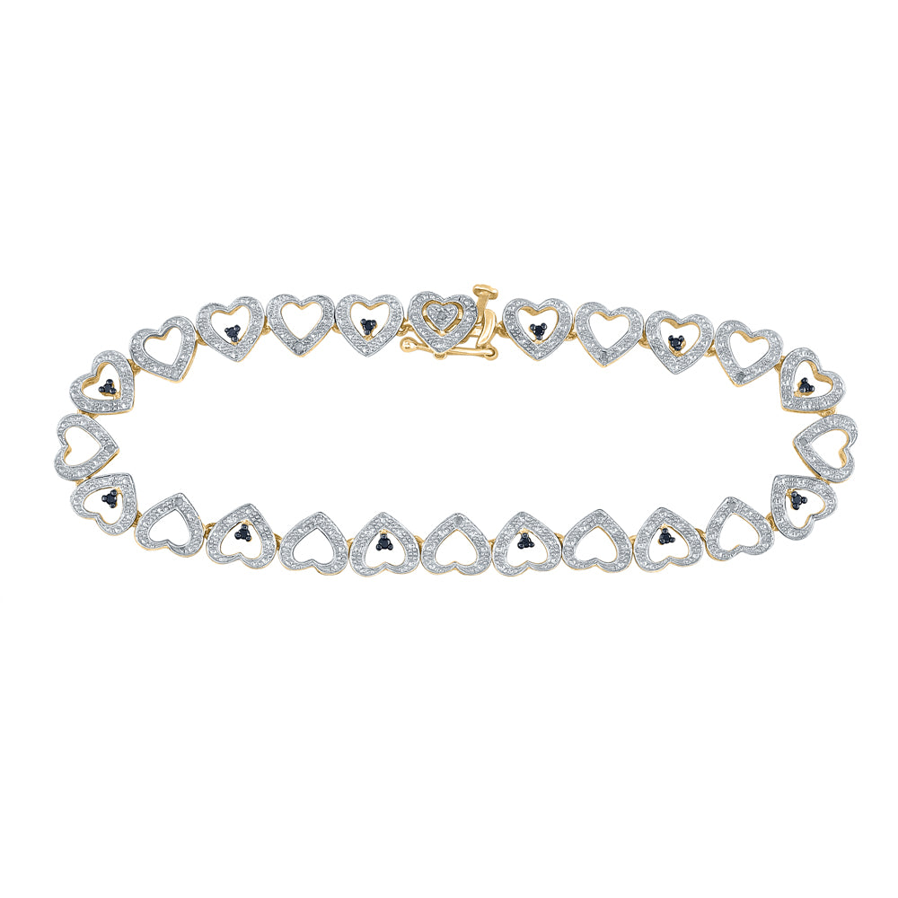 Yellow-tone Sterling Silver Women's Black Color Enhanced Diamond Heart Link Bracelet 1/5 ctw - view 2