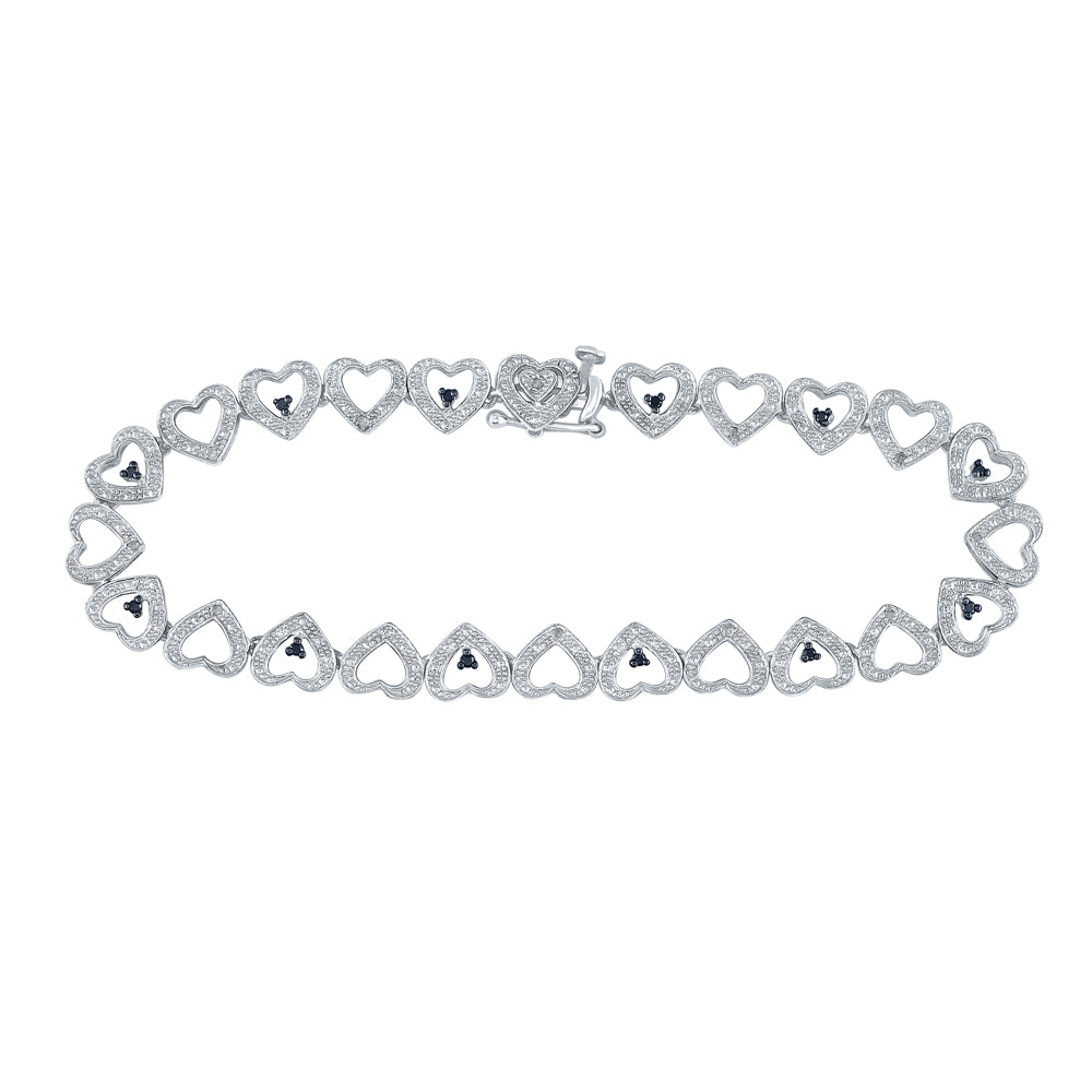 Sterling Silver Women's Black Color Enhanced Diamond Heart Link Bracelet 1/5 ctw - view 2