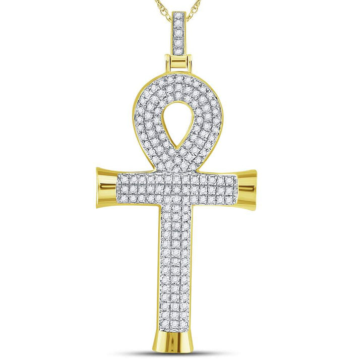 10kt Yellow Gold Mens Round Diamond Ankh Cross Charm Pendant 7/8 Cttw