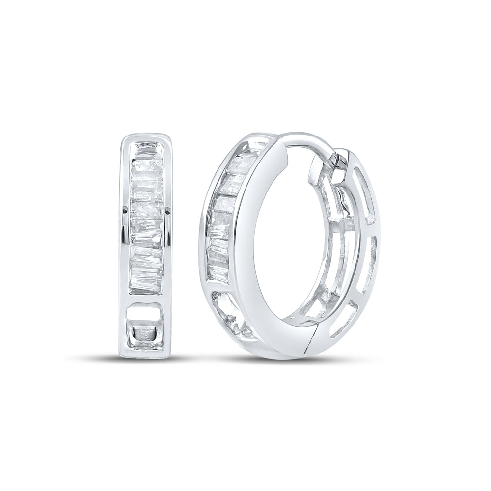 10kt White Gold Womens Baguette Diamond Huggie Hoop Earrings 1/6 Cttw