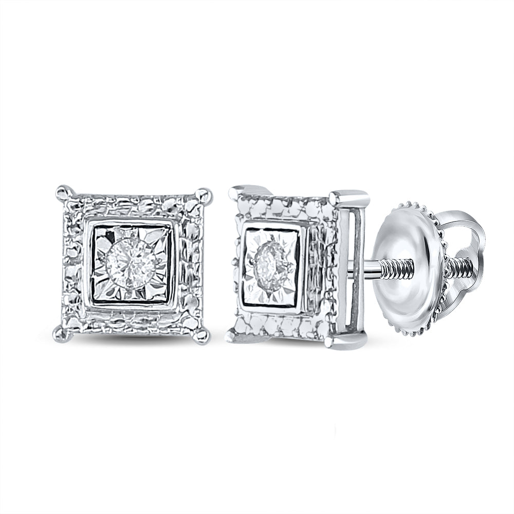 Sterling Silver Womens Round Diamond Solitaire Square Stud Earrings 1/10 Cttw