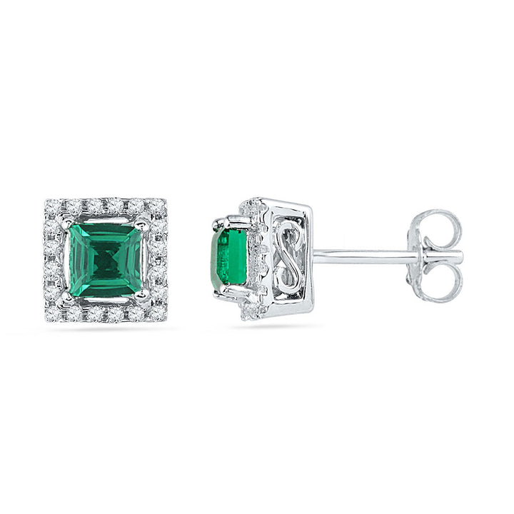 10kt White Gold Womens Princess Lab-Created Emerald Solitaire Diamond Stud Earrings 1/8 Cttw