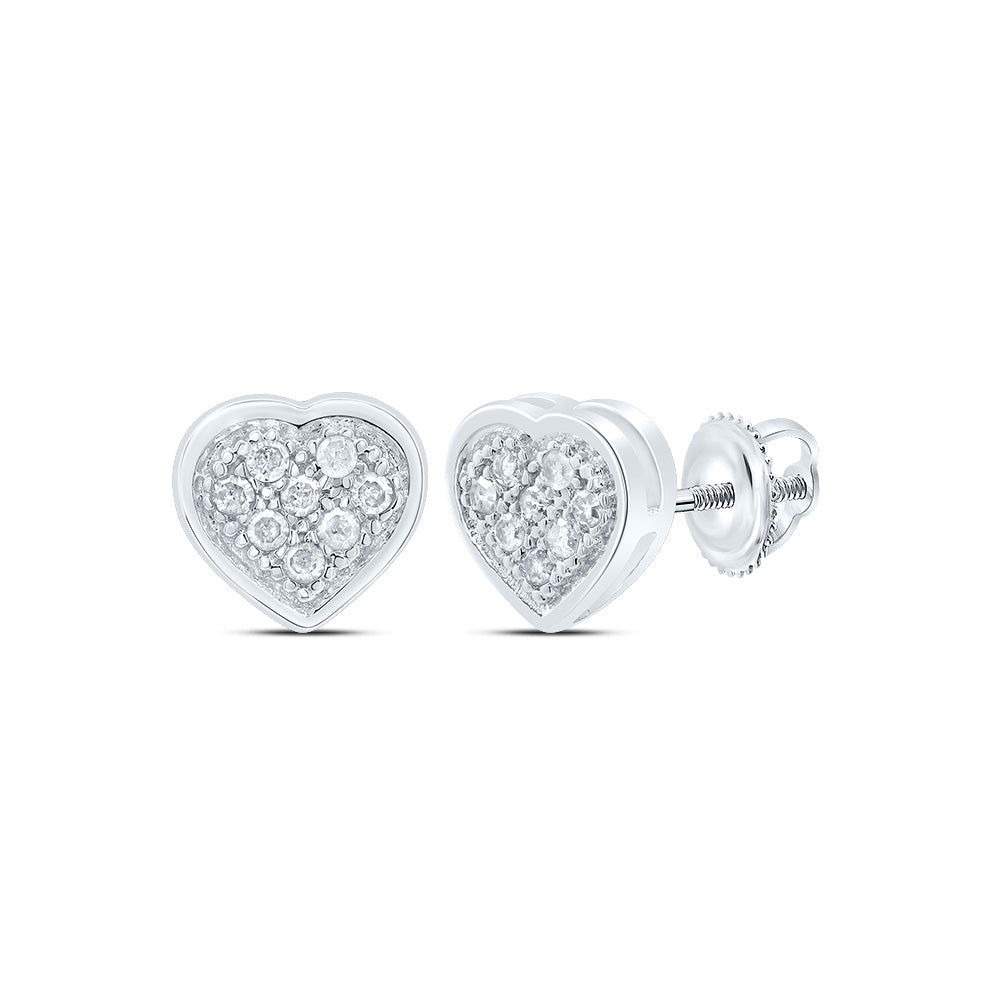 10kt White Gold Womens Round Diamond Heart Cluster Screwback Earrings 1/20 Cttw