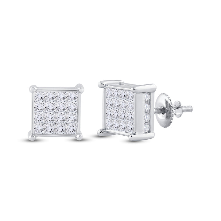 14kt White Gold Womens Princess Diamond Cluster Stud Earrings 1.00 Cttw