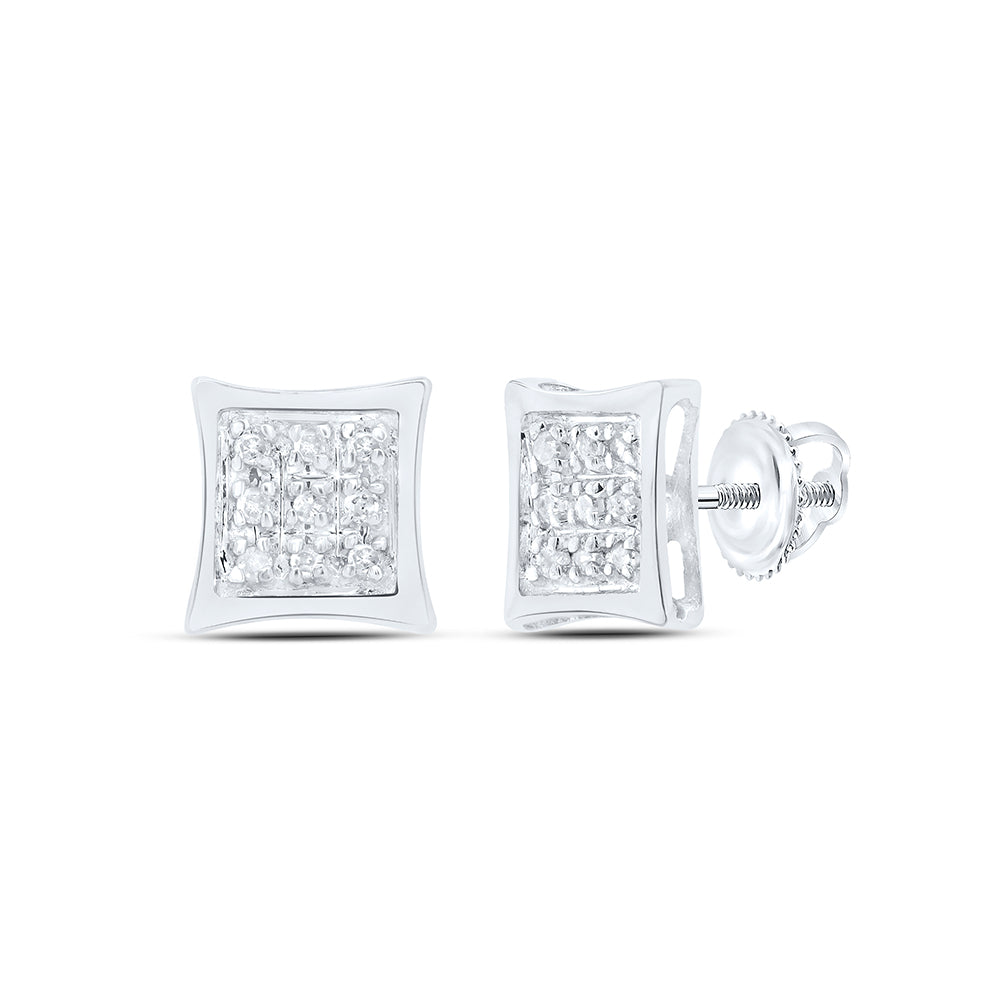 10kt White Gold Womens Round Diamond Square Kite Cluster Stud Earrings 1/20 Cttw