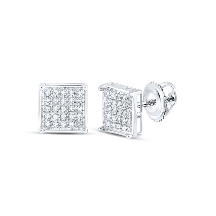 10kt White Gold Unisex Round Diamond Square Cluster Stud Earrings 1/6 Cttw