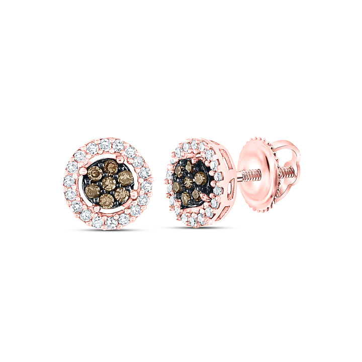 10kt Rose Gold Womens Round Brown Diamond Flower Cluster Earrings 1/4 Cttw