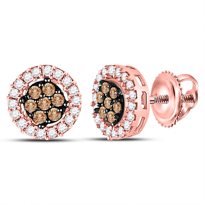 10kt Rose Gold Womens Round Brown Diamond Flower Cluster Earrings 1/4 Cttw