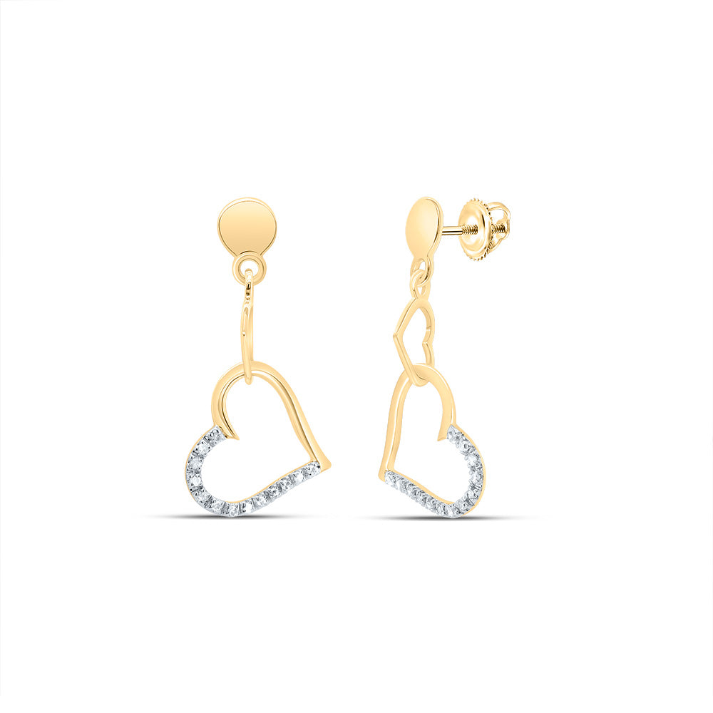 14kt Yellow Gold Womens Round Diamond Linked Hearts Dangle Screwback Earrings 1/10 Cttw